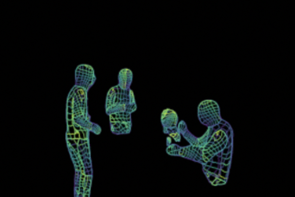 Silhuetas de pessoas em holograma.