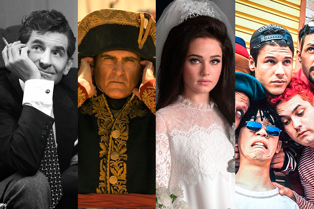 Montagem com cena dos filmes Maestro (2023); Napoleão (2023); Priscilla (2023) e foto da banda Mamonas Assassinas.