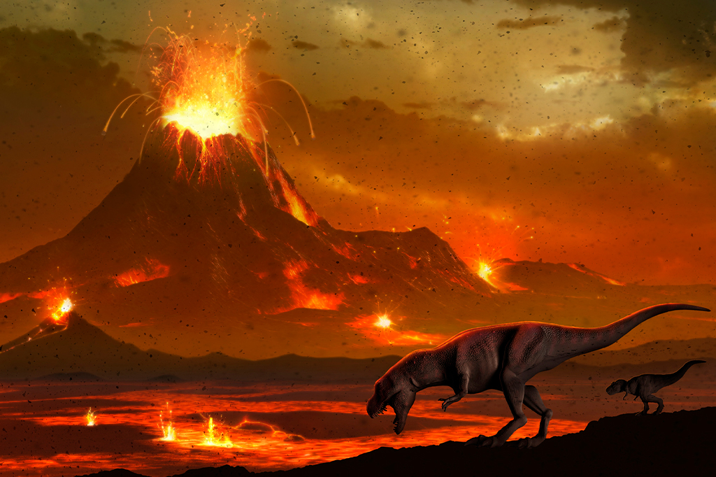 Ilustração de um dinossauro frente a um vulcão em erupção.