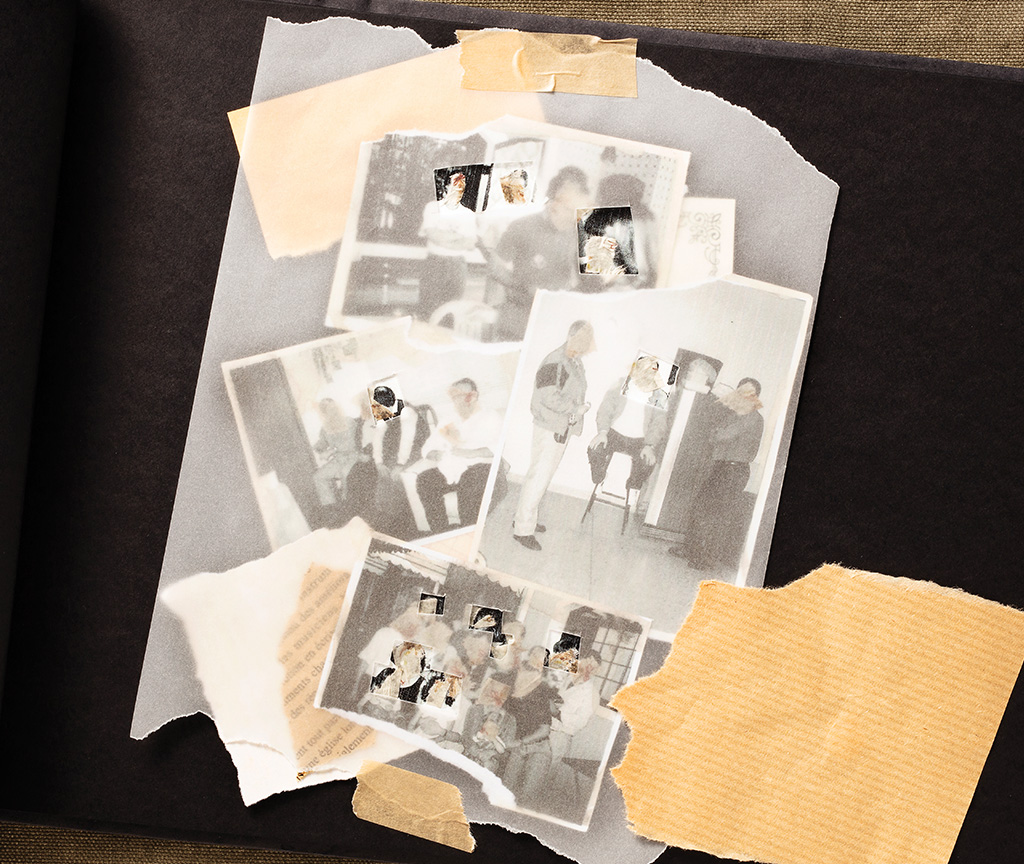 Foto da página do álbum de colagem com fotos da família e com o papel vegetal cobrindo as fotos por completo, com apenas alguns “buracos” em alguns membros, representando a doença afetando quase toda a família.