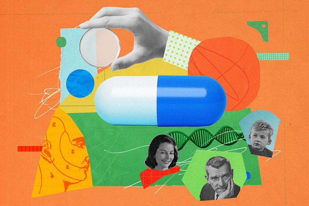 Colagem com pílula, pote de petri, uma família e um DNA.