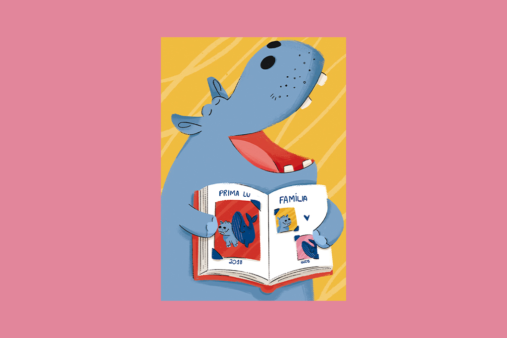 Ilustração de um hipopótamo mostrando seu álbum de fotos da família com uma baleia.