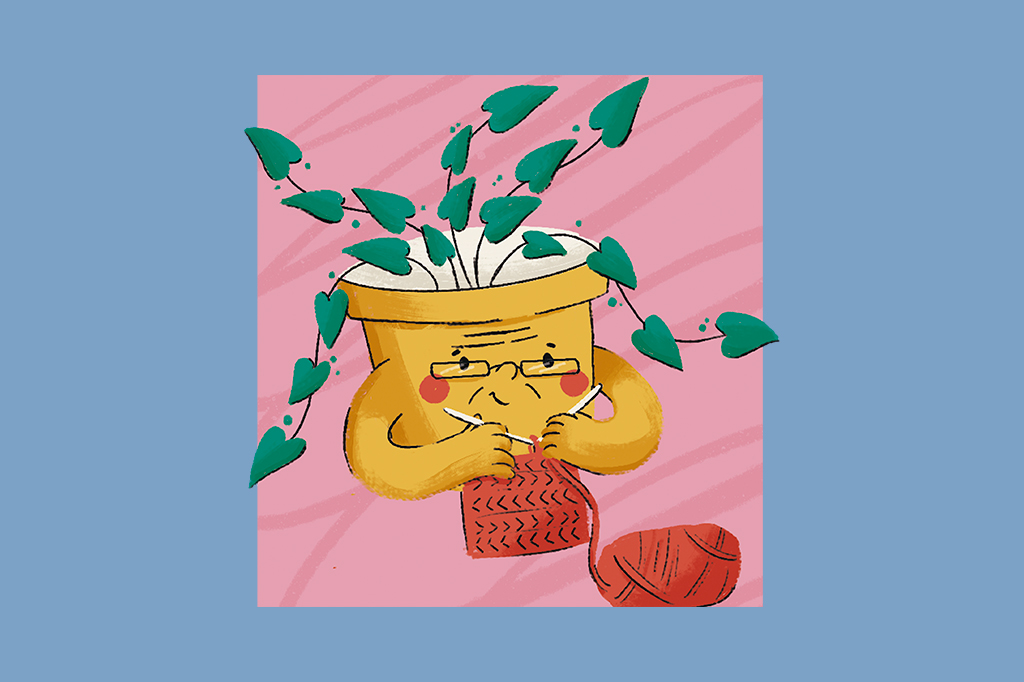 Ilustração um vaso de plantas idoso e de óculos fazendo tricô.