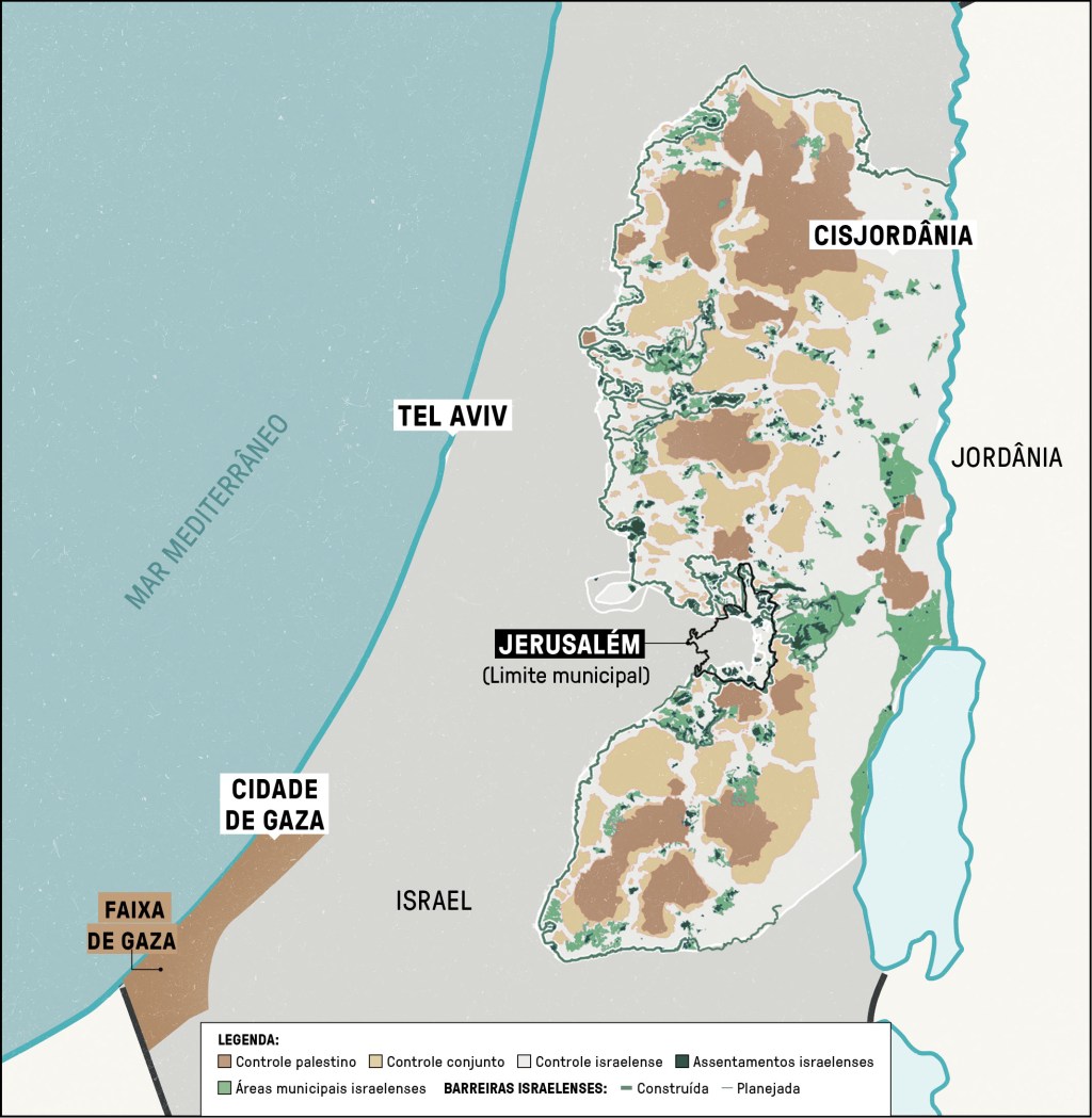 Mapa atual da divisa entre Palestina e Israel.