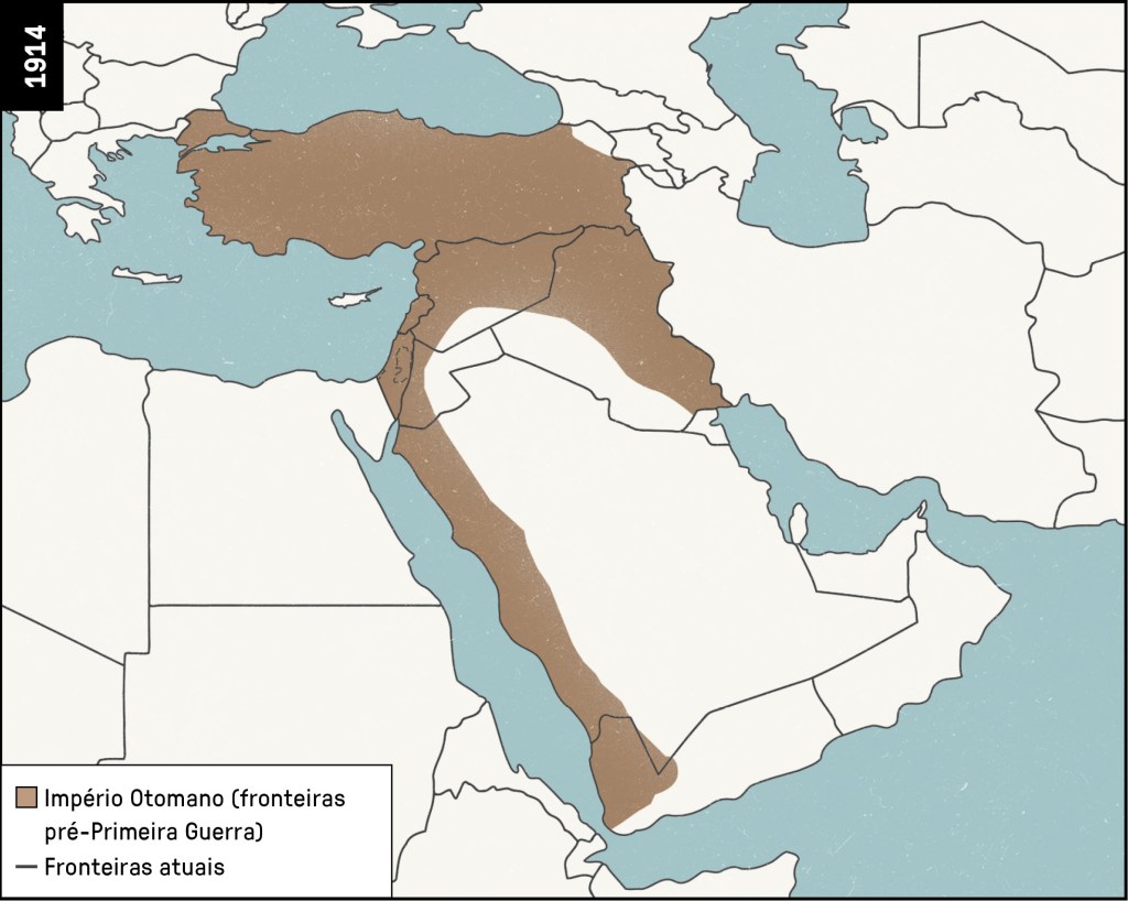 Mapa da divisão de territórios da região do Oriente Médio em 1914.