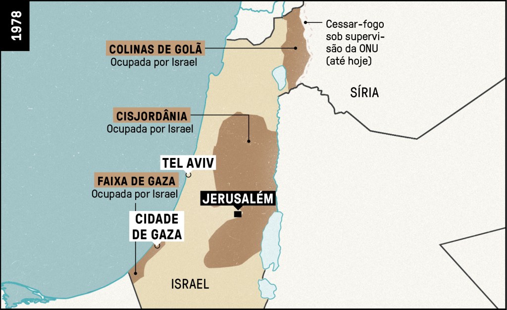 Mapa da divisão de territórios da região da Palestina e Israel em 1978.