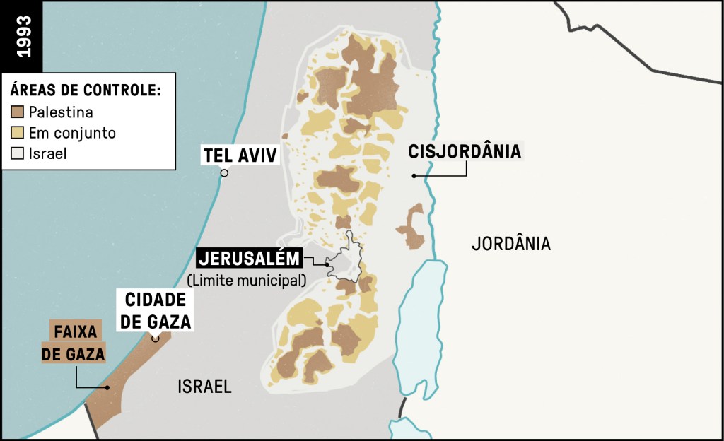 Mapa da divisão de territórios da região da Palestina e Israel em 1993.