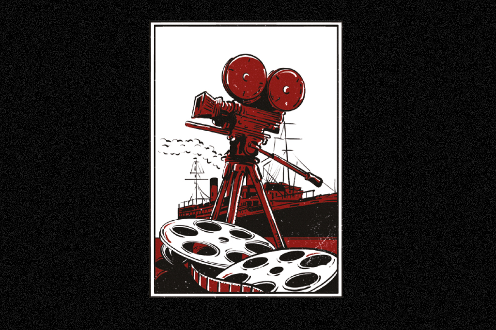 Ilustração de uma câmera filmadora, junto a rolos de filmes antigos e o Cap Arcona ao fundo.