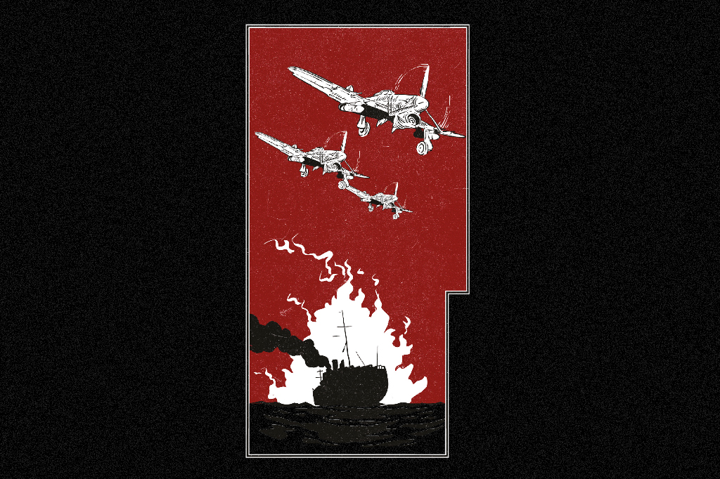 Ilustração do Cap Arcona sendo bombardeado pela Força Aérea britânica.