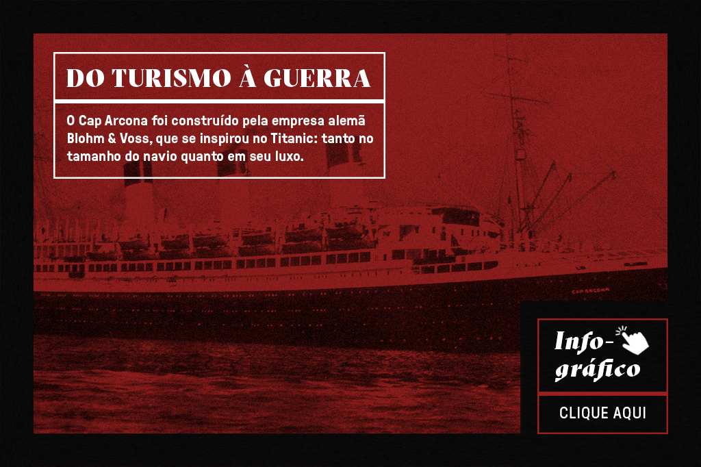 Fotografia real do Cap Arcona, com textos chamando para ampliar o infográfico com informações do navio.