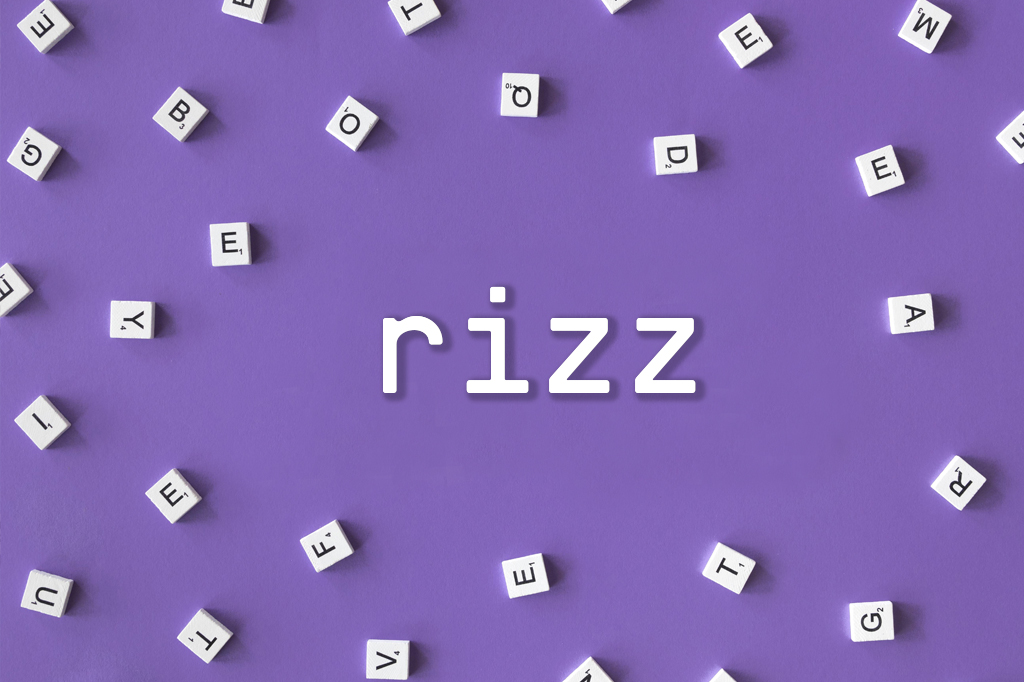 Palavra "rizz" destacada entre letras de brinquedo espalhadas em fundo roxo