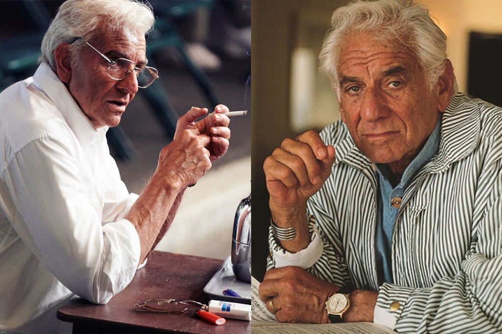 À esquerda, Bradley Cooper interpretando Leonard Bernstein em "Maestro" (2023) e à direita, o compositor Leonard Bernstein