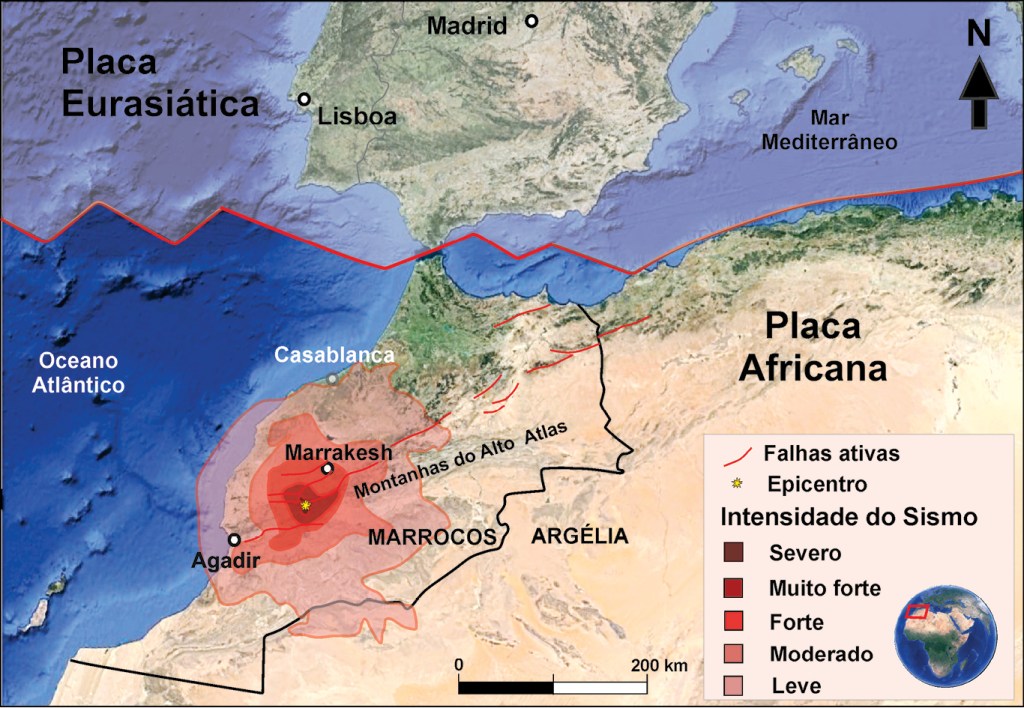 Mapa de intensidade (danos ocasionados) do terremoto que atingiu o Marrocos em fevereiro de 2023.