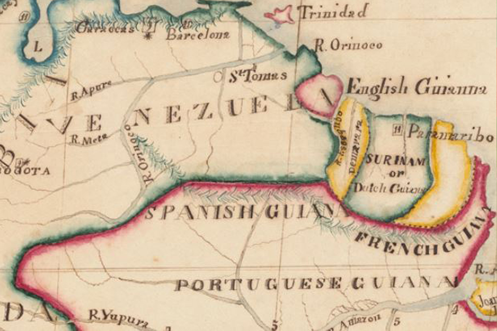 Mapa da América do Sul em 1831 mostrando Venezuela (antiga Guiana Espanhola), Guiana Inglesa ou Britânica, Guiana Holandesa (Suriname), Guiana Francesa e Norte do Brasil