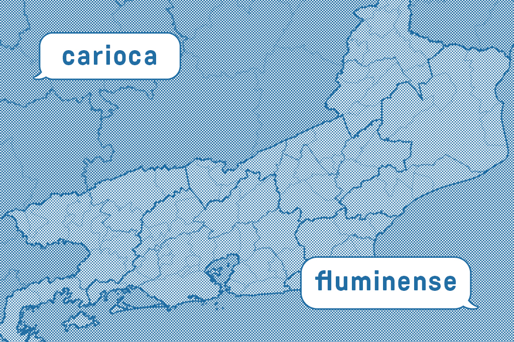 Balões de fala com as palavras “carioca” e “fluminense” postas sobre o mapa do estado do Rio de Janeiro
