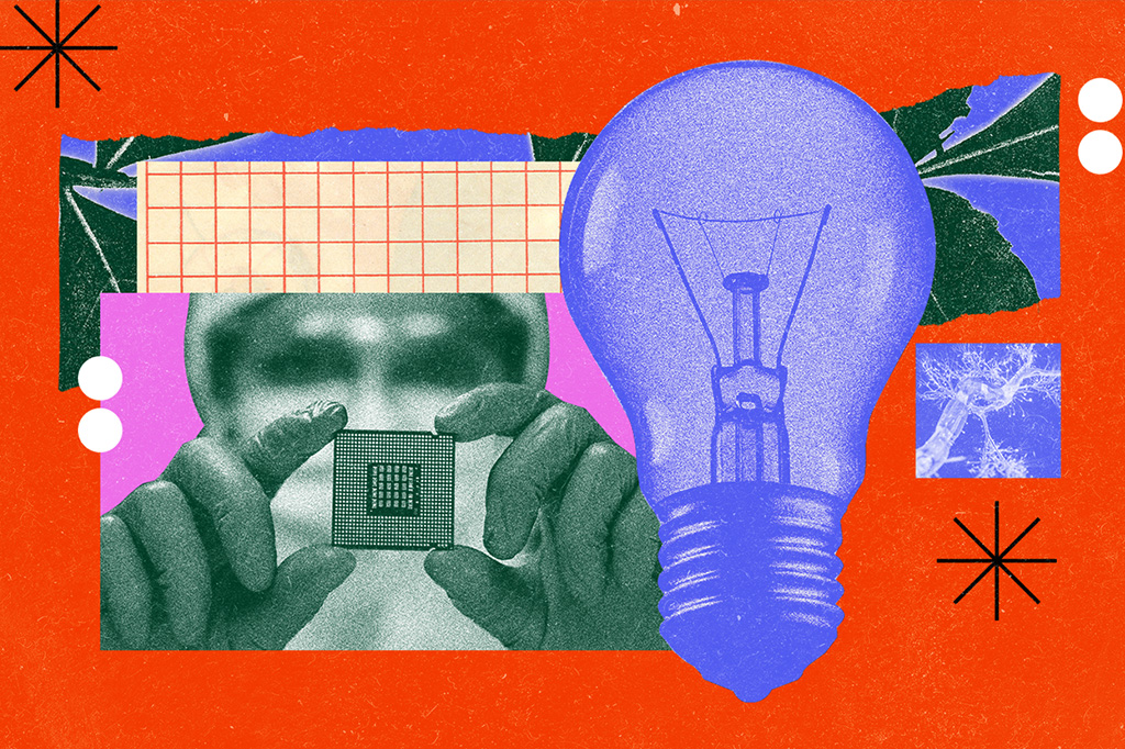 Colagem com uma lâmpada incandescente, um cientista segurando um chip e neurônio.