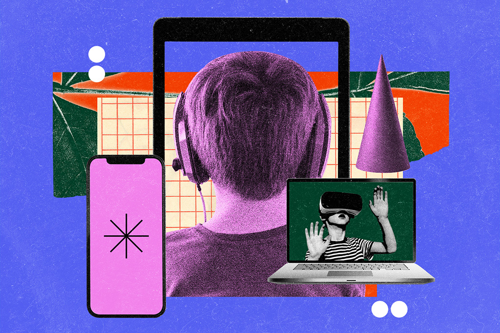 Colagem com computador, tablet, celular, criança com fone de ouvido, criança jogando com óculos de realidade virtual e um dunce cap.