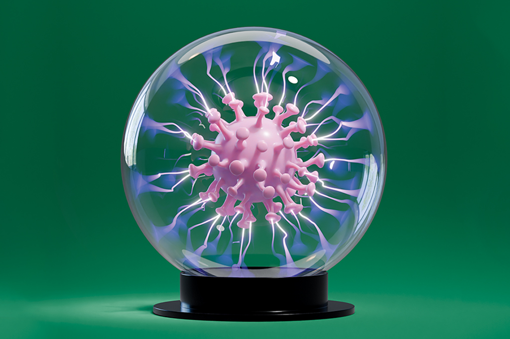 Imagem 3D de uma bola de plasma com um vírus no centro soltando raios dele.