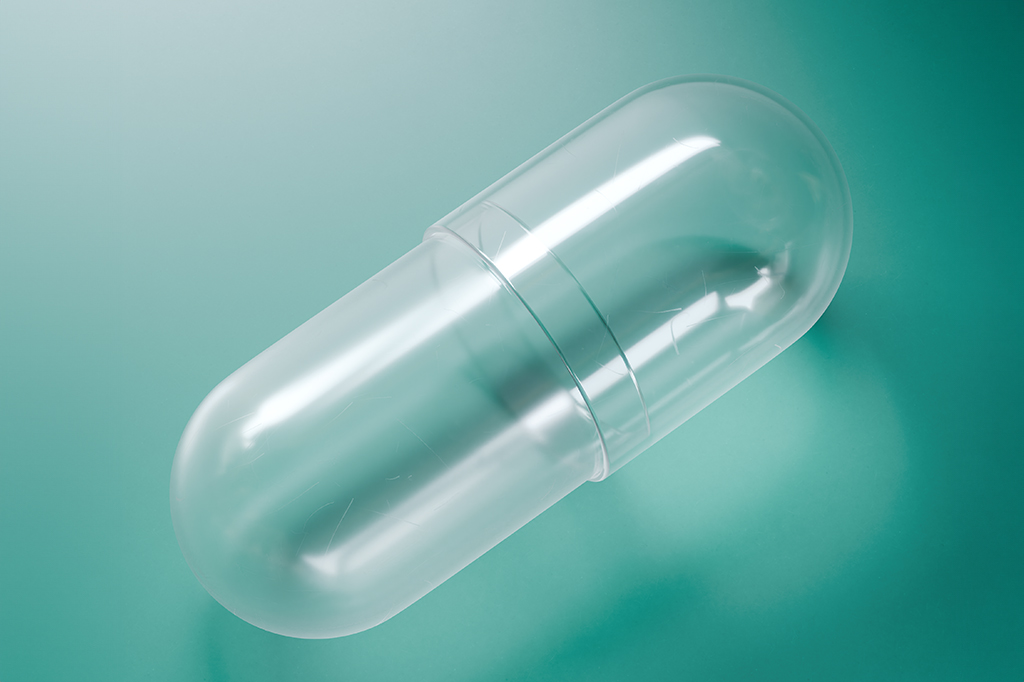 Imagem 3D de uma pílula transparente.