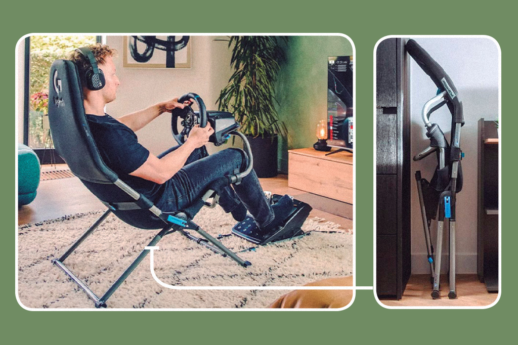 Montagem com dois quadros com imagens, a primeira mostra a cadeira Logitech Playseat Challenge X sendo usada, e no outro quadro mostra a cadeira dobrada.