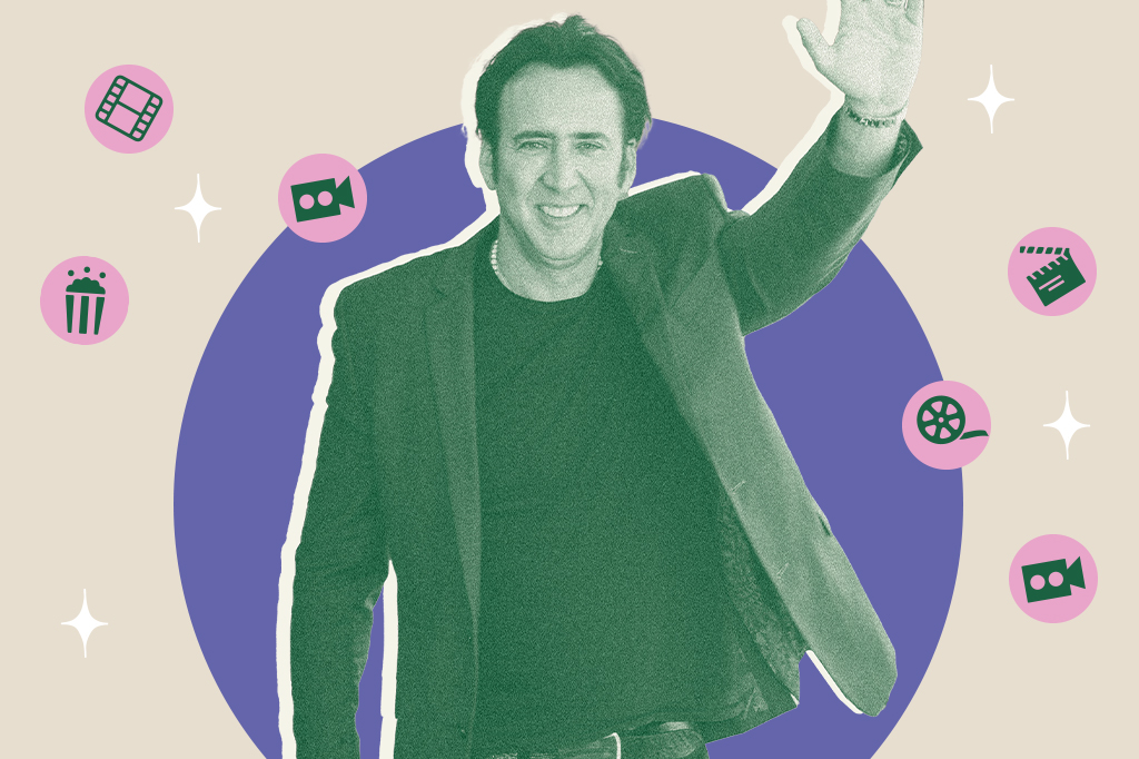 Colagem com retrato de Nicolas Cage ao centro, rodeado por ícones de elementos que remetem a filmes e cinema.