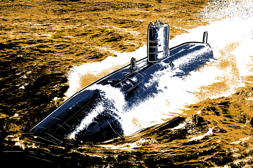 Ilustração de um submarino nuclear navegando na superfície.