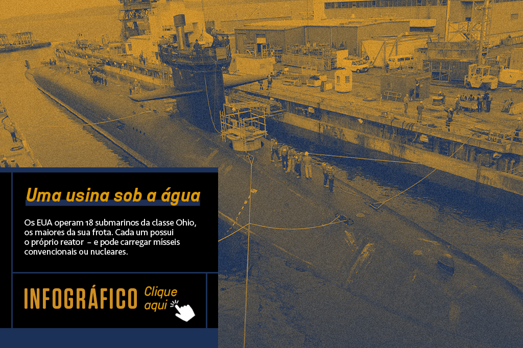 Imagem com foto e texto sobre a classe de submarinos Ohio, chamando para ampliar e ver um infográfico com mais informações.