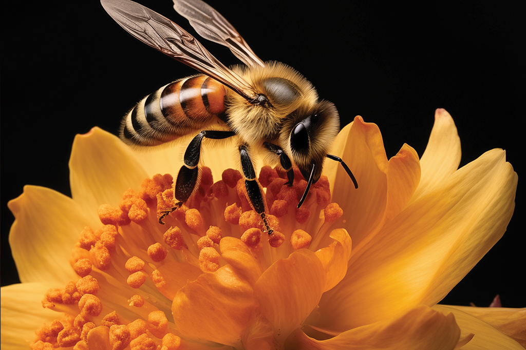 Ilustração realista 3D de uma abelha em cima de uma flor.