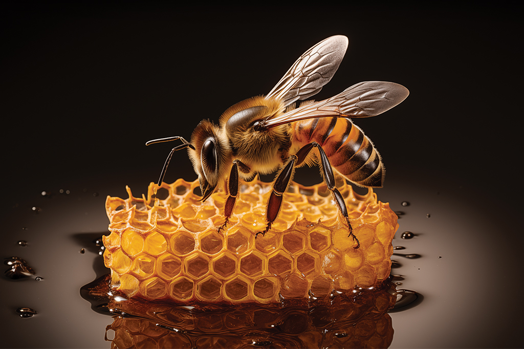 Ilustração realista 3D de uma abelha em cima de um pedaço de favo.