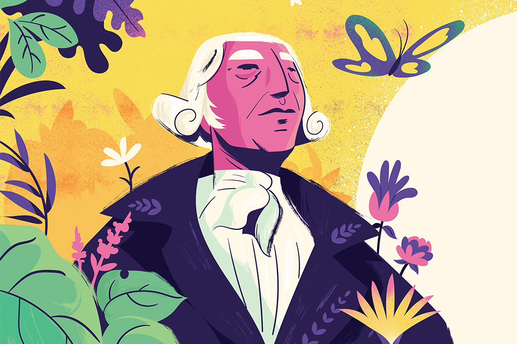 Ilustração de um retrato do Lamarck cercado por plantas e borboleta.