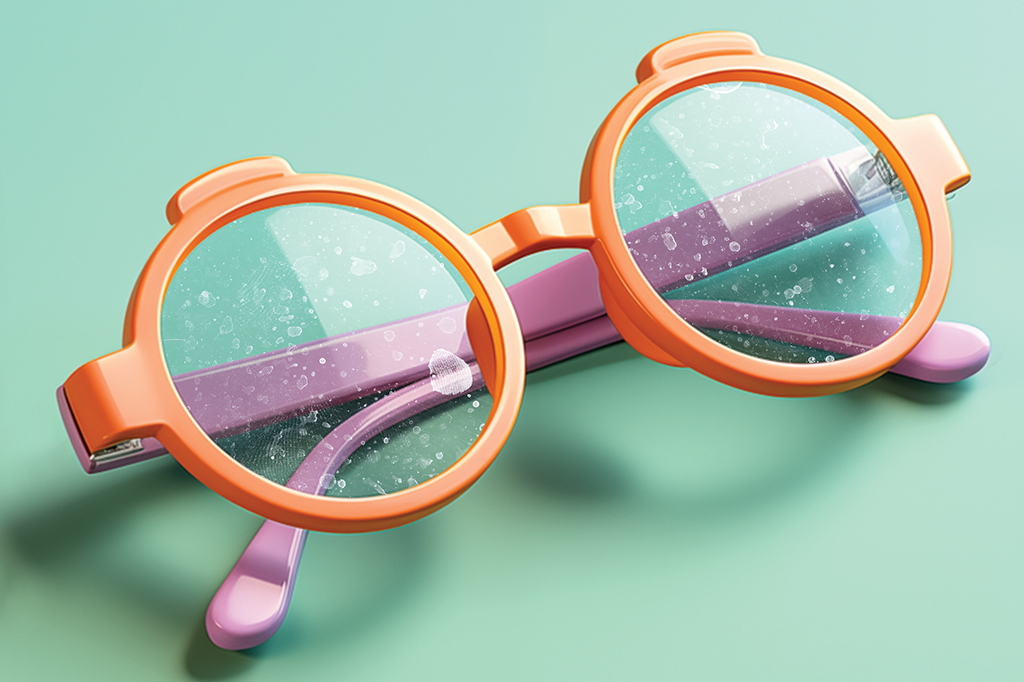 Ilustração 3D de um óculos infantil com marcas nas lentes.