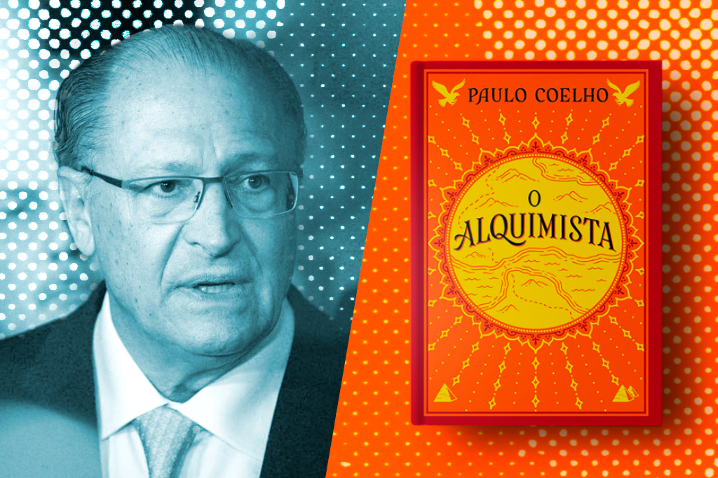 Montagem com a fotos do Geraldo Alckmin e o livro O Alquimista.