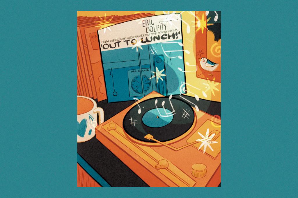 Ilustração do álbum de jazz Out to Lunch atras de um toca-discos.
