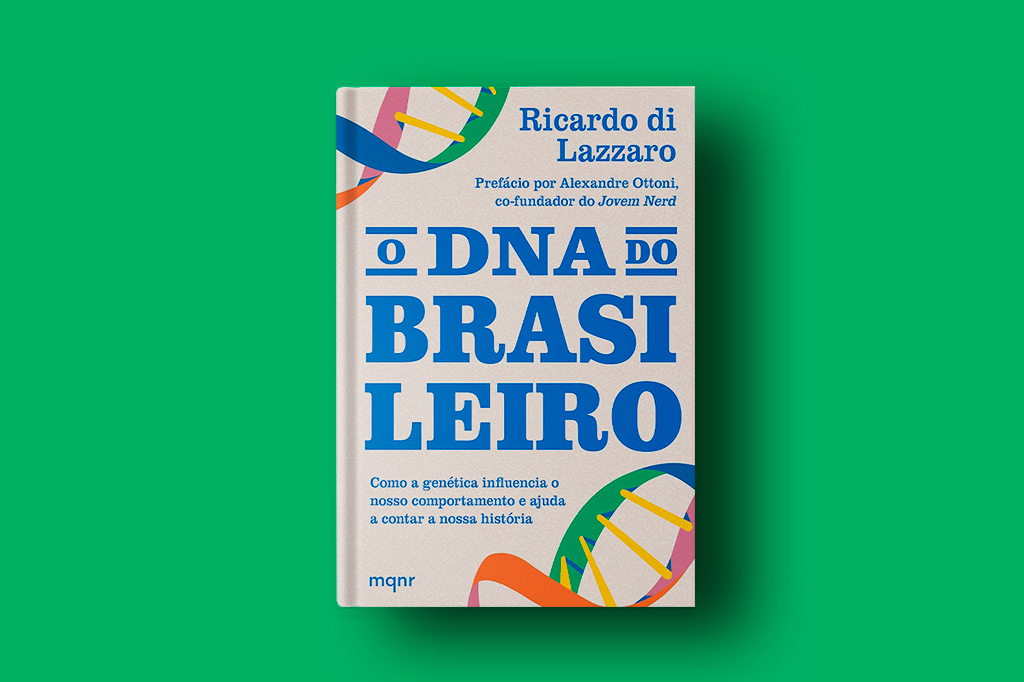Imagem do livro O DNA Brasileiro sobre fundo verde.