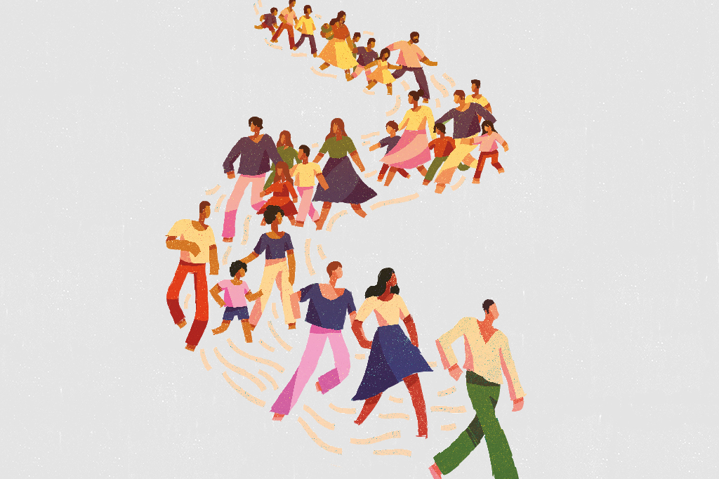 Ilustração de uma fila de pessoas, agrupadas em famílias que vão diminuindo o número de familiares.