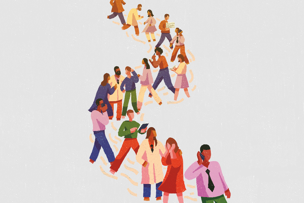 Ilustração de uma fila de pessoas representando as causas para a queda na taxa de natalidade: workaholics, casais cansados e casais com problemas de fertilidade.