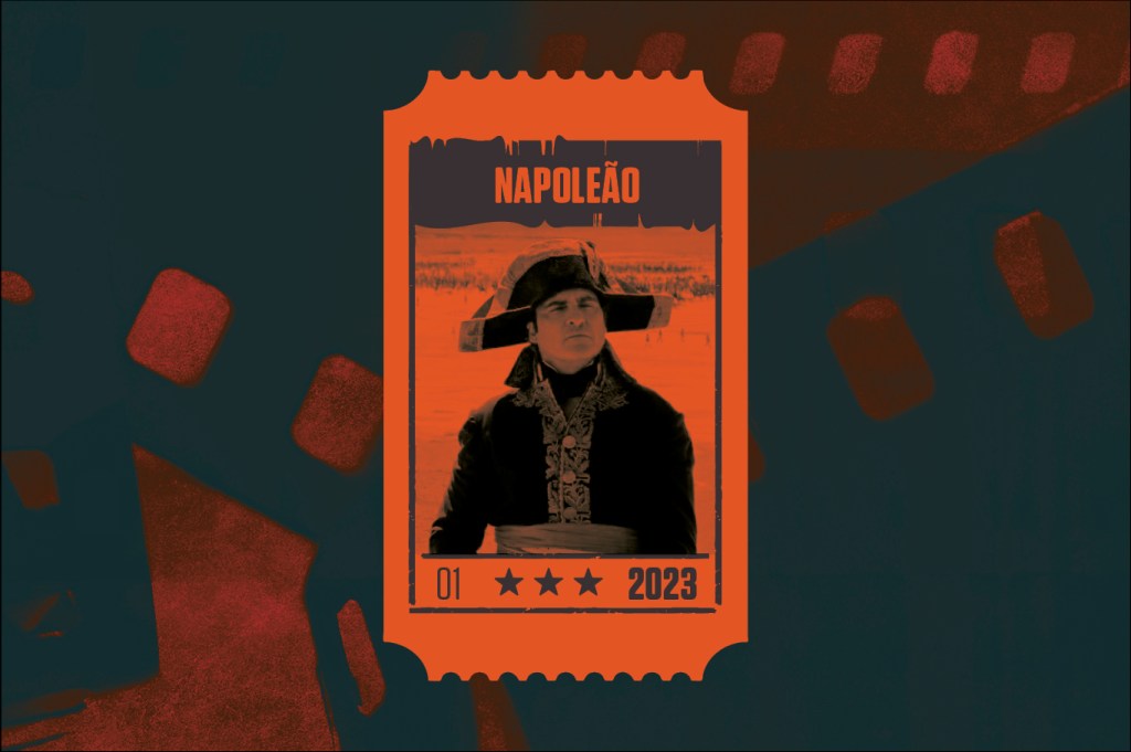Montagem com cena do filme Napoleão (2023) em tons laranja.