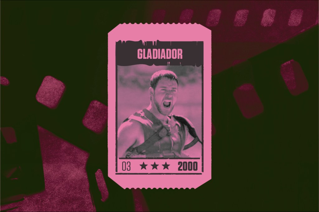 Montagem com cena do filme Gladiador (2000) em tons rosa.