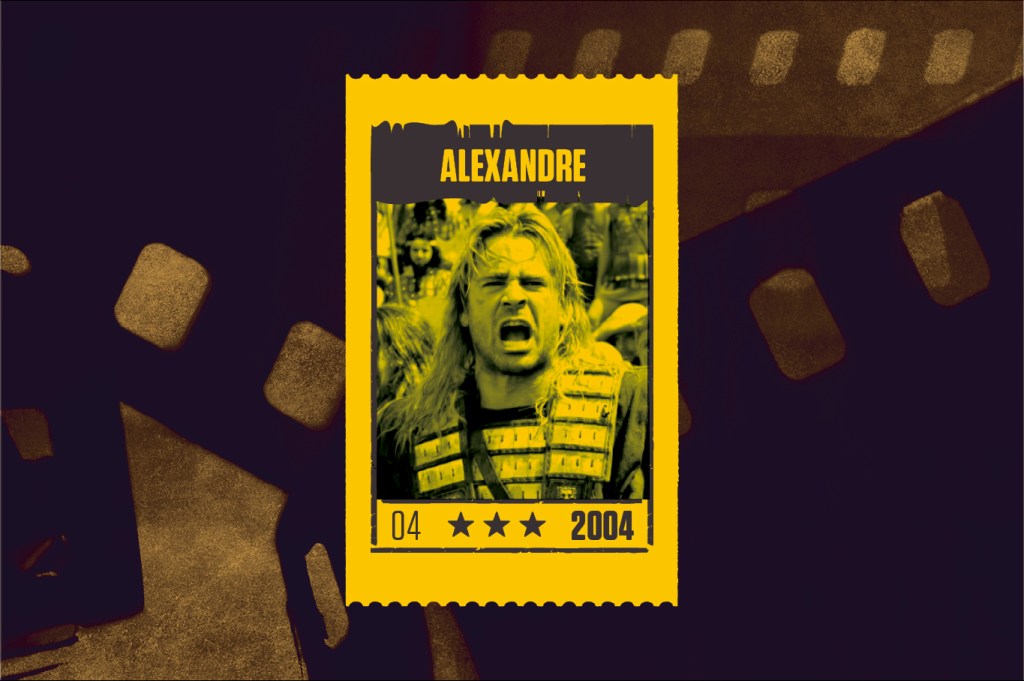Montagem com cena do filme Alexandre (2004) em tons amarelo.