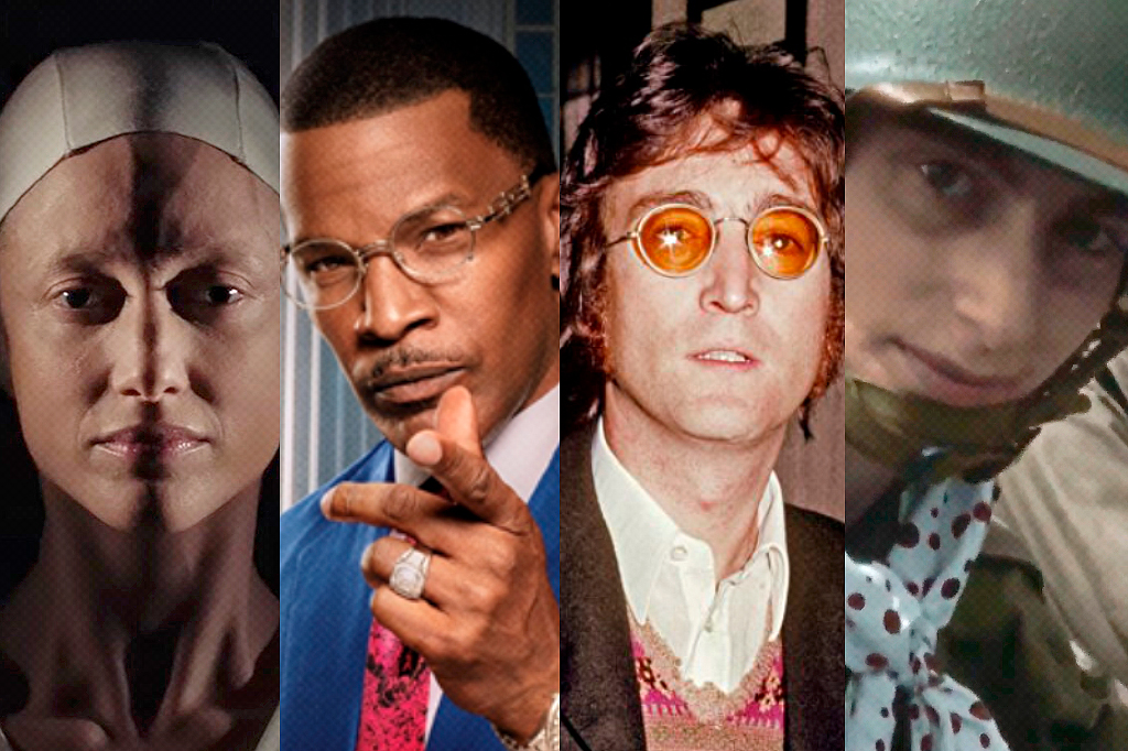 Montagem com cena dos filmes Possessor (2020) e O Próprio Enterro (2023), com os documentários John Lennon: assassinato sem julgamento (2023) e Vozes da Segunda Guerra (2023).