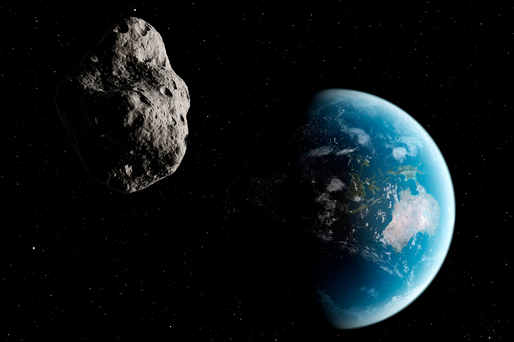 Arte de asteroide se aproximando da Terra