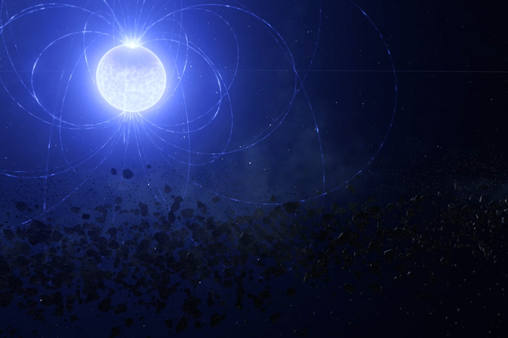 Captura de tela do um vídeo animado de uma representação artística da WD 0816-310, uma anã branca magnética que ingere fragmentos planetários.