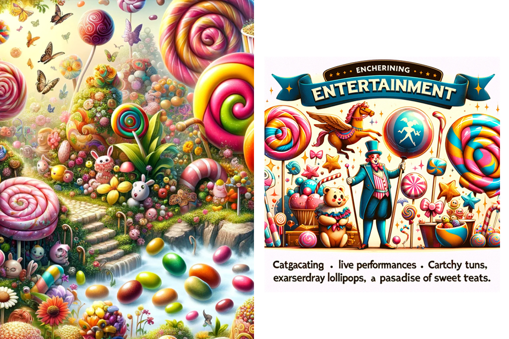 Duas imagens geradas por inteligência artificial que simulam o universo Willy Wonka.