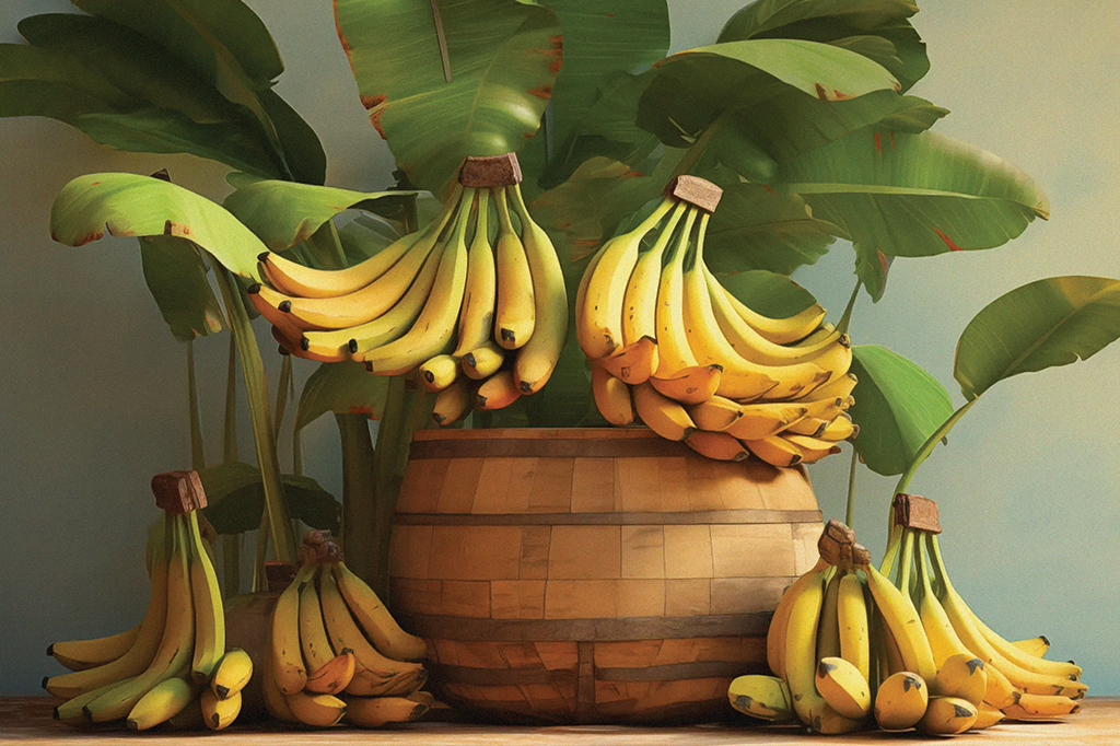 Imagem de cachos de banana em cima de um baú e uma bananeira no fundo.