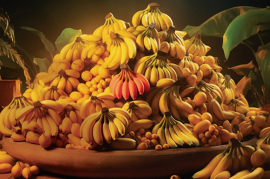 Imagem de diversas bananas empilhadas, um dos cachos sendo com uma cor diferenciada.