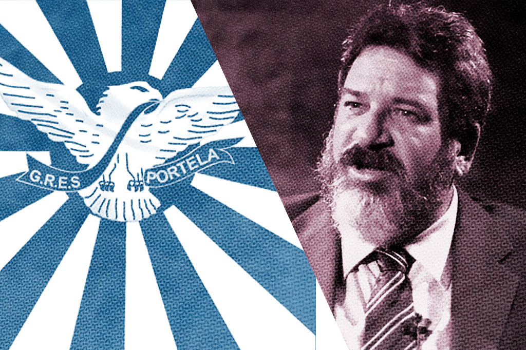 Montagem com as fotos da bandeira da Portela e o Mário Sérgio Cortella.