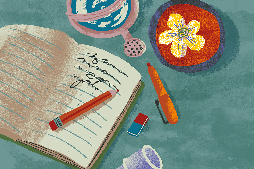 Ilustração de um diário aberto com algumas anotações, ao redor dele tem canetas, borracha, um canudo de diploma, além de um vaso de flor com a flor um pouco maior e um regador.