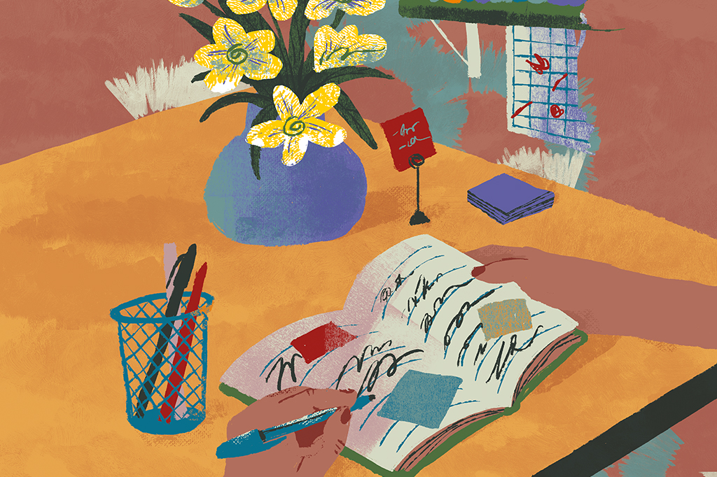 Ilustração mostrando o diário aberto no meio, e uma pessoa fazendo anotações nele. Ao lado dele, o vaso de flores está maior e com mais flores.