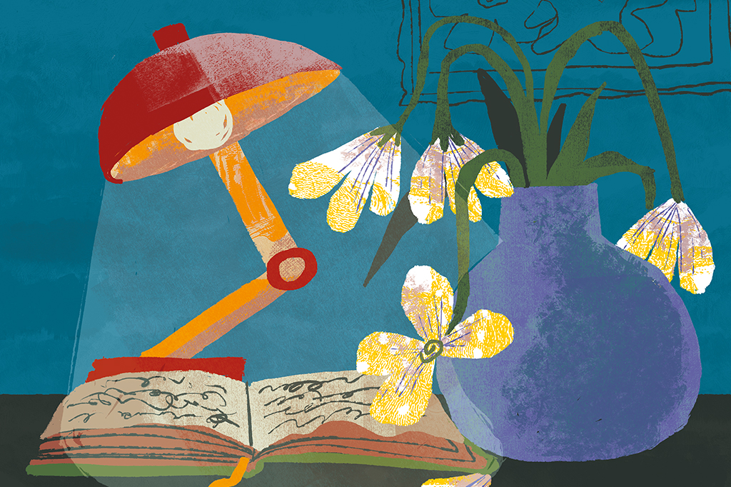 Ilustração de uma luminária iluminando o diário chegando ao fim e, ao lado, as flores estão murchando no vaso.
