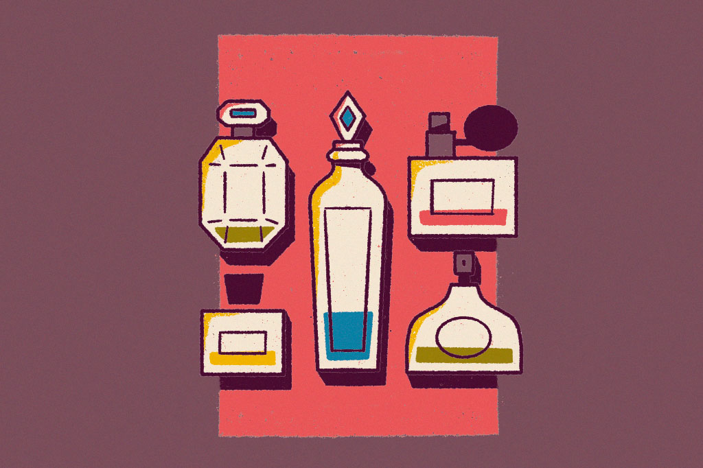Ilustração de vários frascos de perfume.